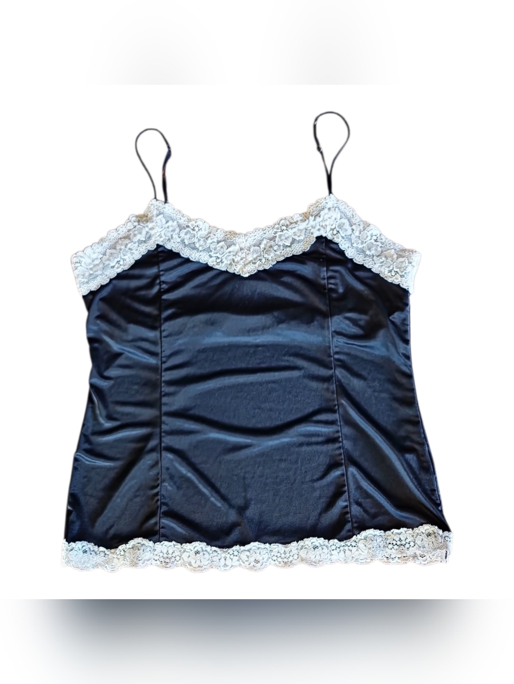 Vintage 90s‎ Y2k Black Satin Camisole Tank  White Lace Small Dark Feminine Goth